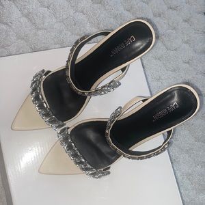 Nude double strapped jeweled heels